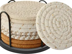 Coasters Set of 8 for Drinks, Beer, Coffee, Cotton Woven Four Colors Absorbent Coaster with Holder, Boho Coasters for Home Decor Tabletop Protection Suitable for Kinds of Cups, Coffee