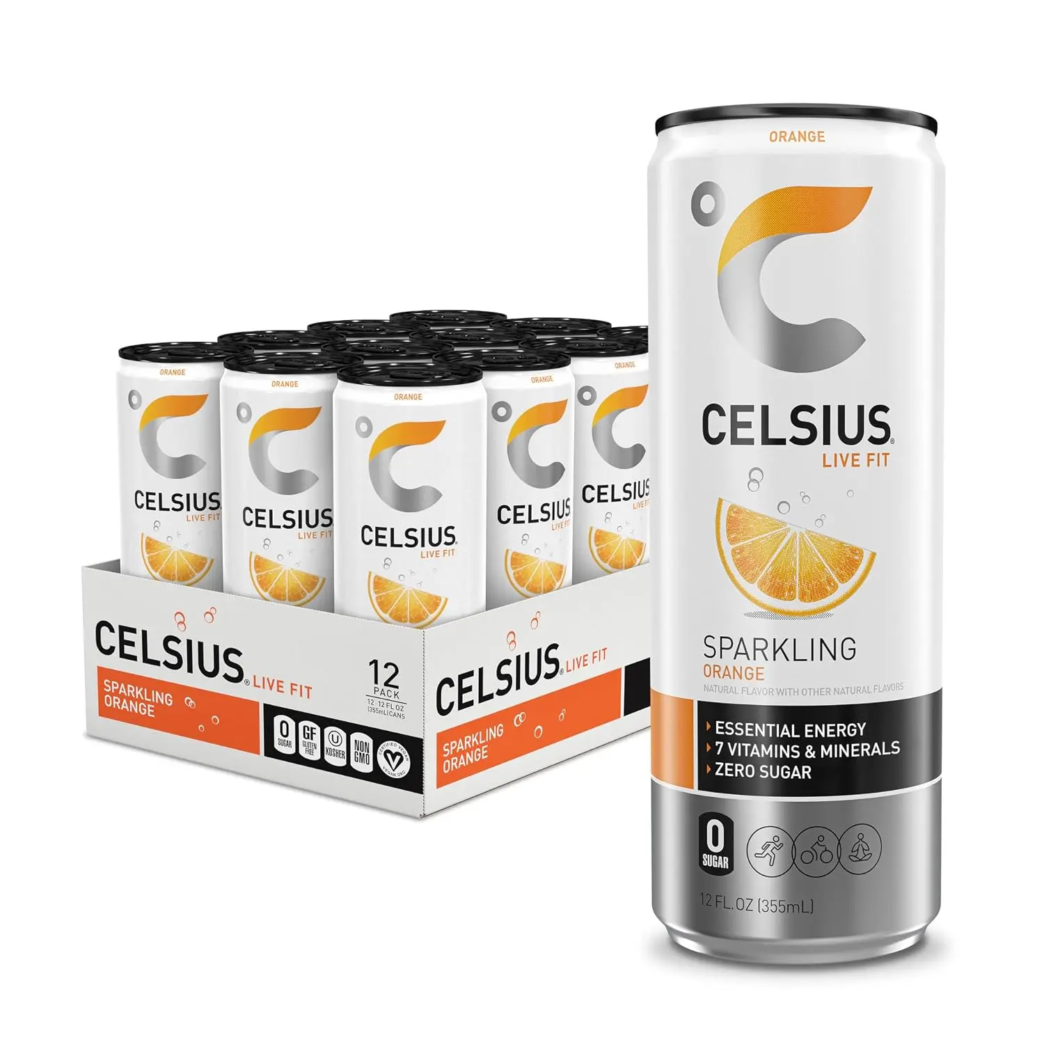 CELSIUS Sparkling Orange Sugar-Free Energy Drink, 12 fl oz Cans, Pack of 12 – Functional Energy Beverage with Essential Vitamins
