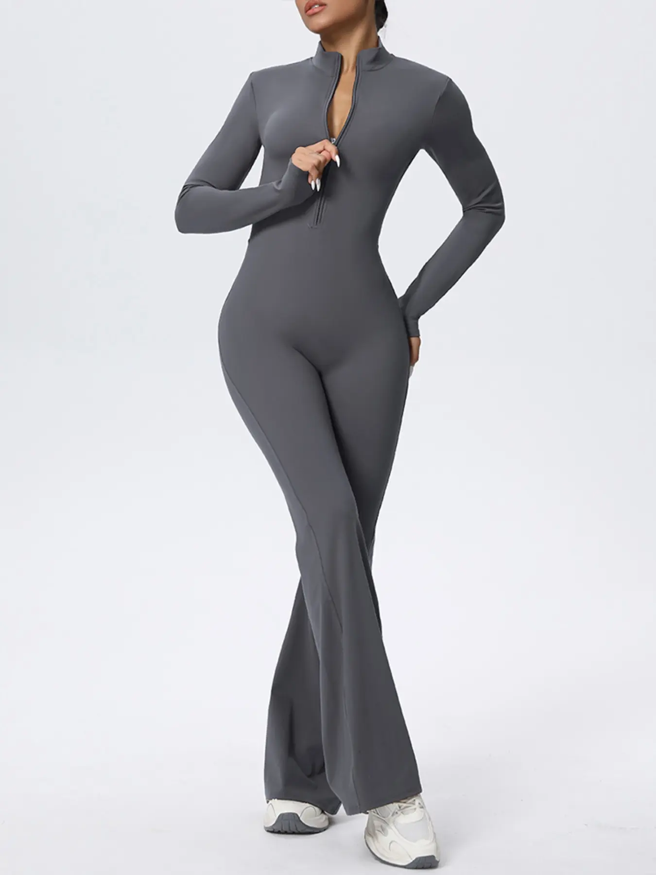 Women's Sports Jumpsuit High Elastic Zipper Long Sleeves Long Pants Jumpsuit Solid Color Tight Body Fitness Yoga Uniform Sporty Yoga Jumpsuit