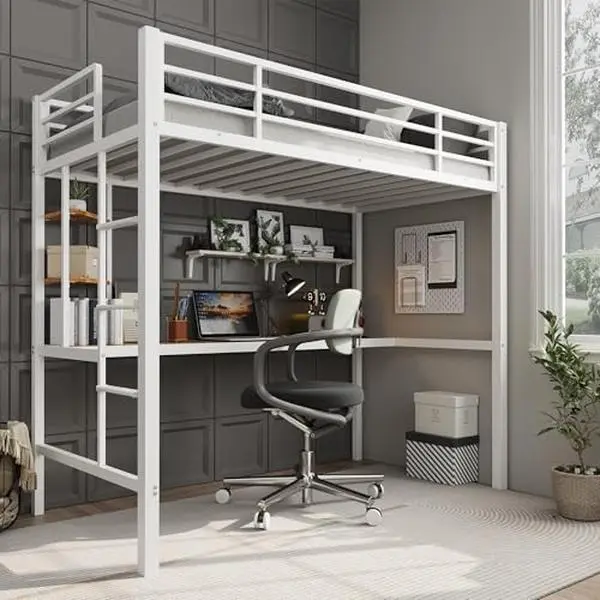 GARVEE Twin Size Loft Bed with Desk and Storage Shelves, Sturdy Metal Loft Bed with Steel Slats Support and Ladder for Kids and Adults, Safety Guardrail, Space Saving, White and Brown