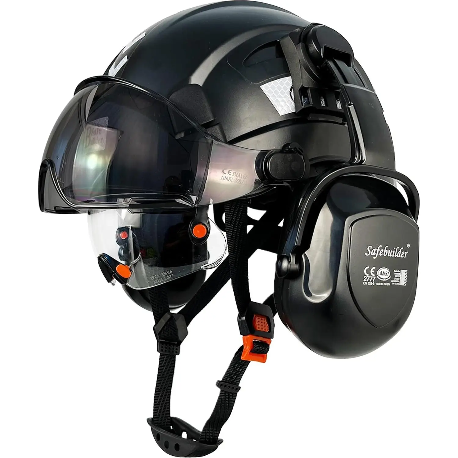Vented Full Brim Hard Hat with 6-Point Suspension, Unisex ABS Safety Helmet with Adjustable Size, Ear Covers, and 2 PC Visors for Day/Night Use, Polycarbonate, 6‑Point Suspension System