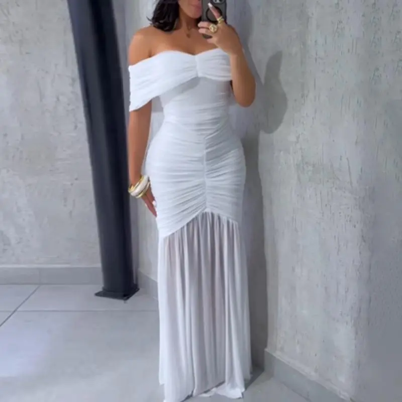 CHICME Women's Elegant Off-Shoulder Ruched Maxi Dress - Slim Fit Mermaid Formal Gown for Wedding Guest&Date Night