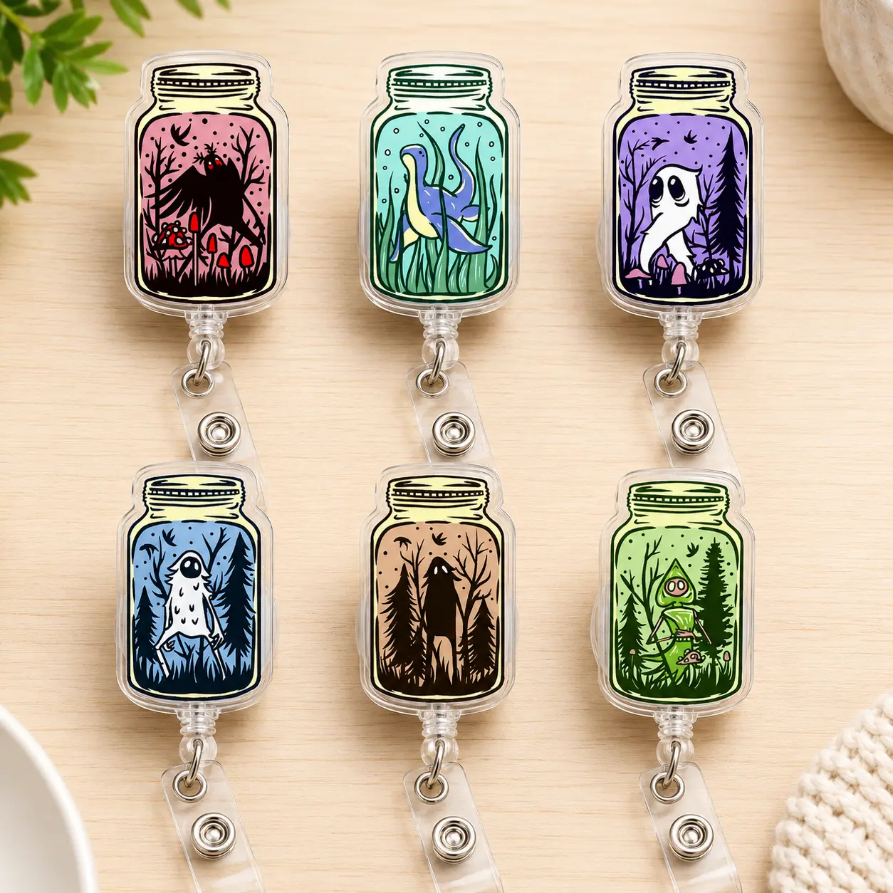 Mythical Creature in Jar Acrylic Badge Reel, 2D Spooky Forest ID Holder, Retractable Clip for Work Gift