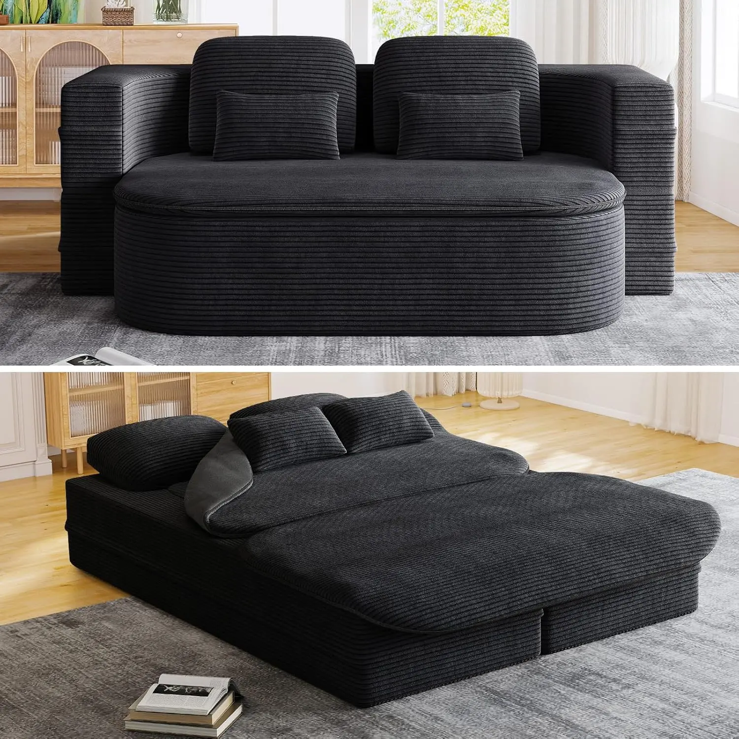 75'' Folding Sleeper Sofa Bed, Convertible Boneless Couch,Corduroy Upholstered Futon Loveseat Floor Couch Bed with Blanket, Full Size Foldable Mattress, Lounge Compression Foam Sofa Boneless Couch for Living Room Bedroom, Black