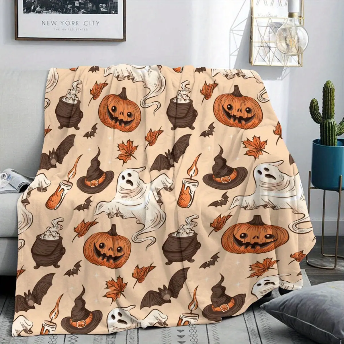 Retro Halloween Fleece Throw Blanket - Pumpkin Face, Ghost, Witch Hat, Cauldron Designs - Gothic Style Blankets for Couch Bed - Soft Cozy Warm Linens for Women - Autumn Holiday Gift, Haunted Aesthetic Blankets