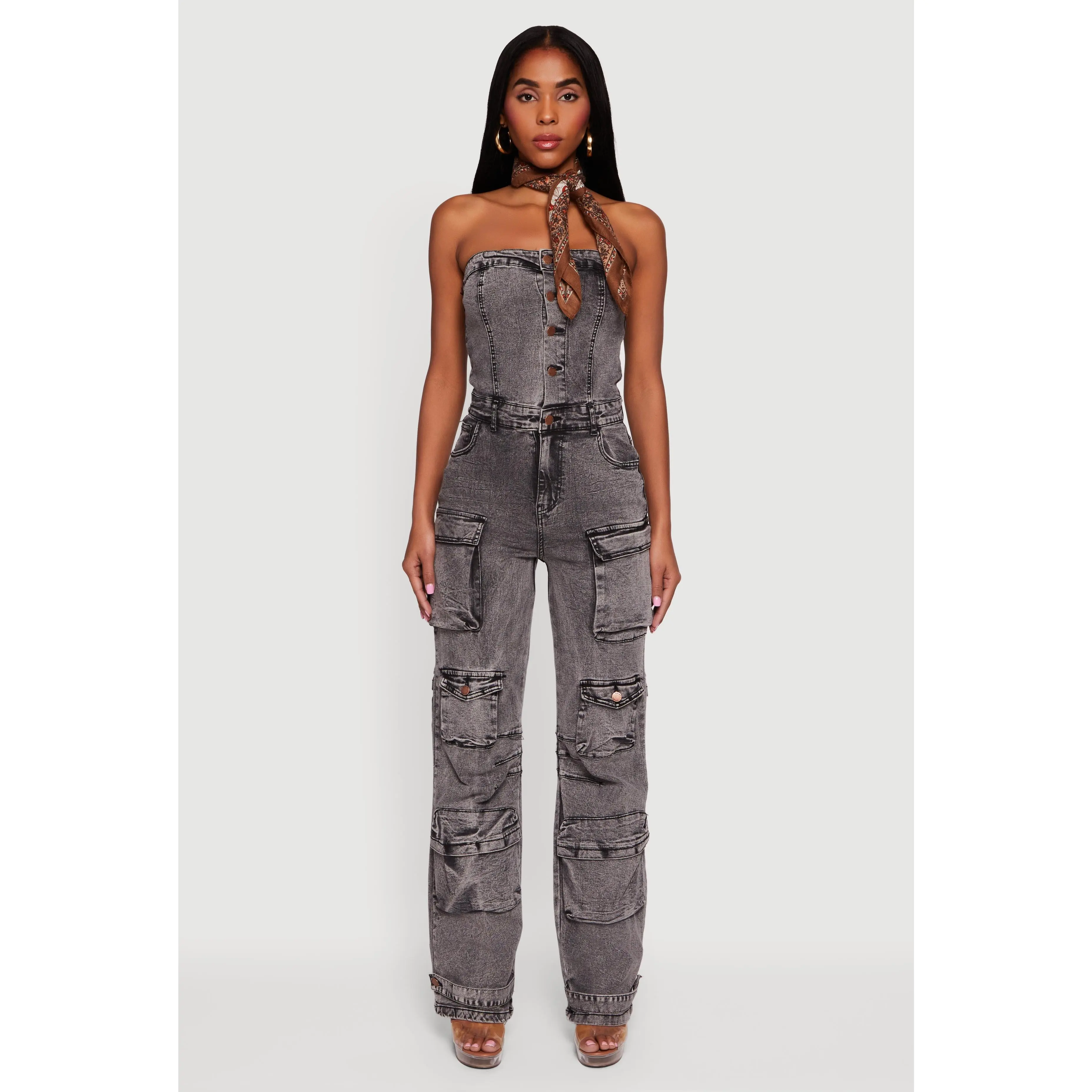 Acid Wash Strapless Button Front Utility Jumpsuit