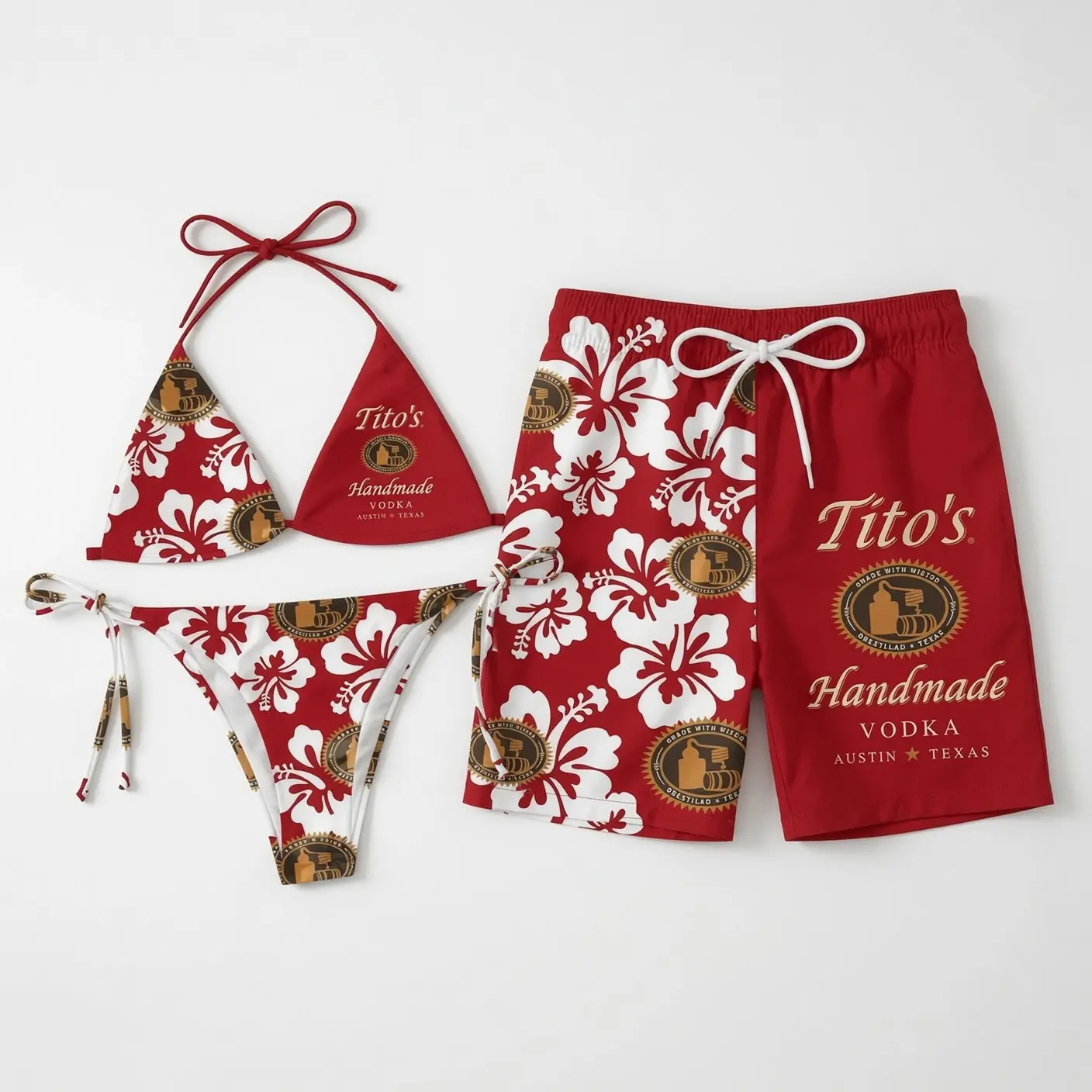 TIT0’S RED HIBISCUS Matching Couple Swimwear Set, Handmade Vodka Logo String Bikini and Hawaiian Shorts for Women Men, His and Hers Summer Beach Vacation Pool Party Outfit Gift