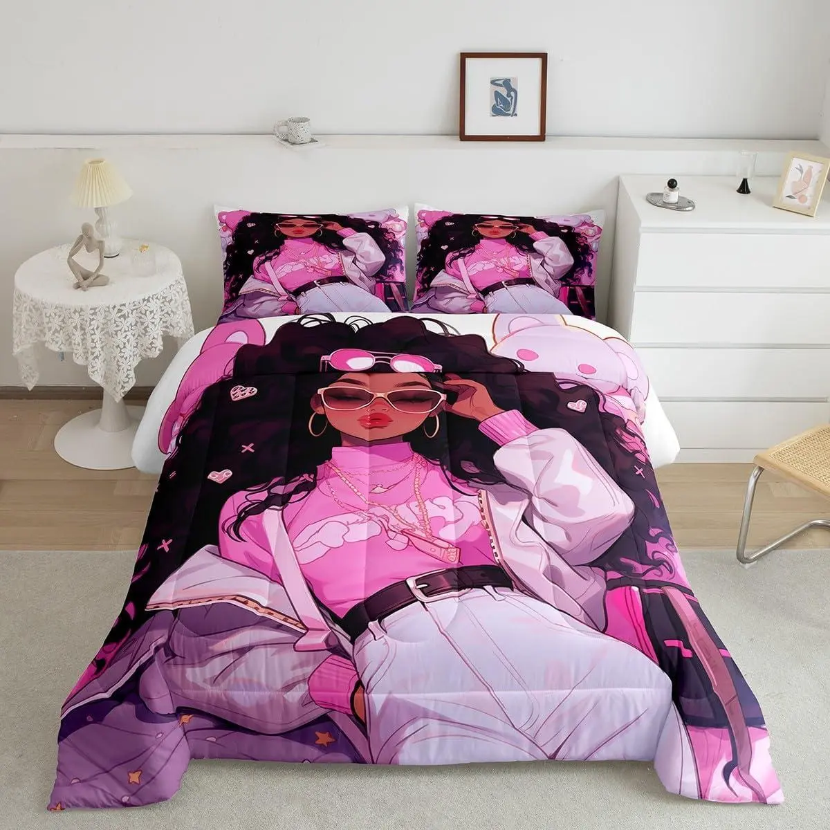 Princess Girlish Kids Comforter Set,Pink Stars Love Heart Romantic Bedding Set,Girls Women Room Decor,African Amercian Black Little Girls Down Comforter,Pink Duvet Insert