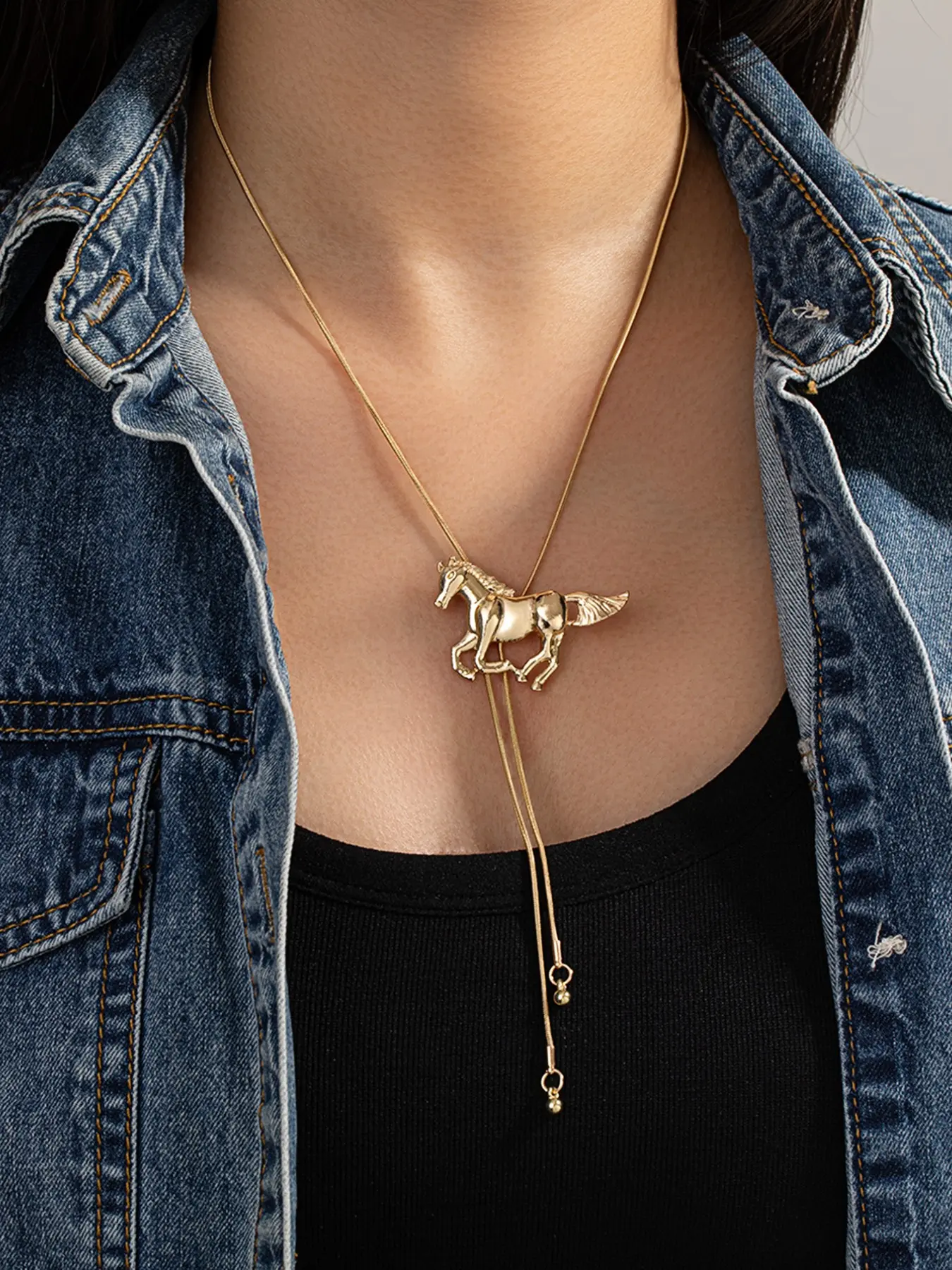 Western Mustang Design Adjustable Necklace, Vintage Snake Chain, Polo Tie Style Unique Sweater Chain, Fashion Jewelry Accessory, Classic Statement Necklace, Alloy Necklace, Alloy Pendant Necklace
