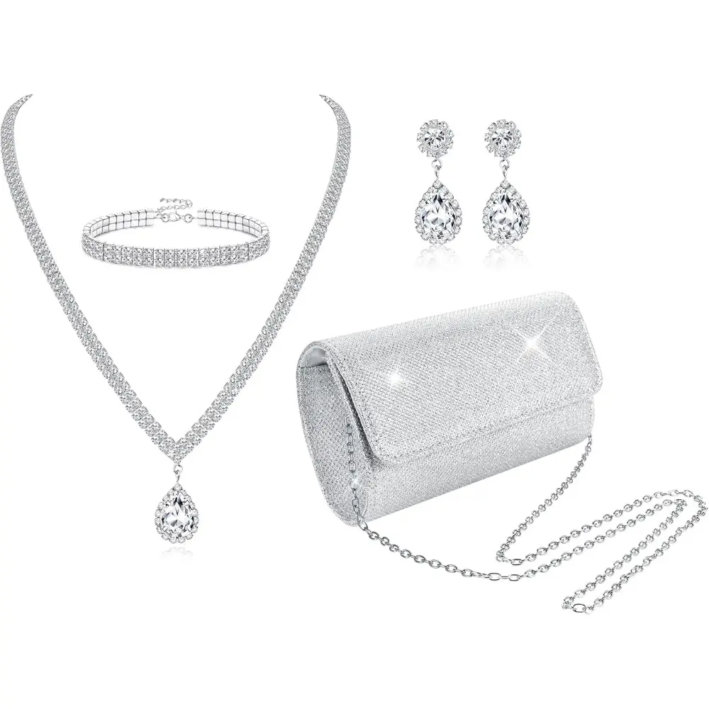 Women's High-Quality Extensible Alloy 4-Piece Bling Set - 36cm+6cm Extender Chain Clutch Purse, Rhinestone Purse, Crystal Necklace, Dangle Earrings, Bracelets for Mother, Wedding, Dance Party with Exquisite Craftsmanship Feel Premium