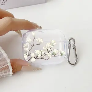 Magnolia's Graceful Bloom Pattern TPU Soft Protective Case for Apple AirPods 4/3/2/1/Pro/Pro2 Transparent Earphone Cover with Keychain Attachment