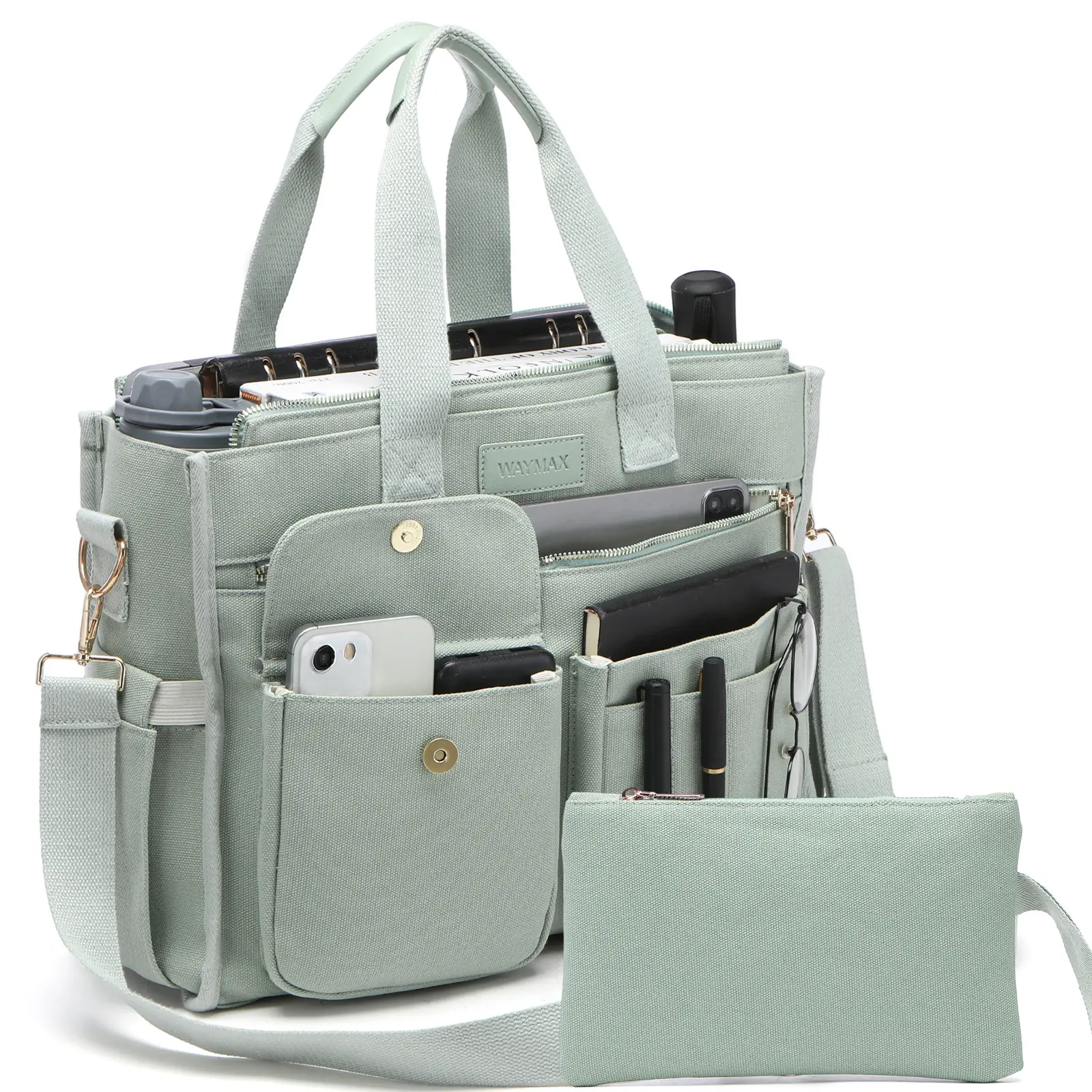 2Pcs Canvas Tote Bag for Women, 14-Pocket Large Utility Work Bag with Zipper & Pouch. Aesthetic Multi Compartment Crossbody Shoulder Purse Fits Laptop. Teacher Nurse Student School Travel Gym Handbag