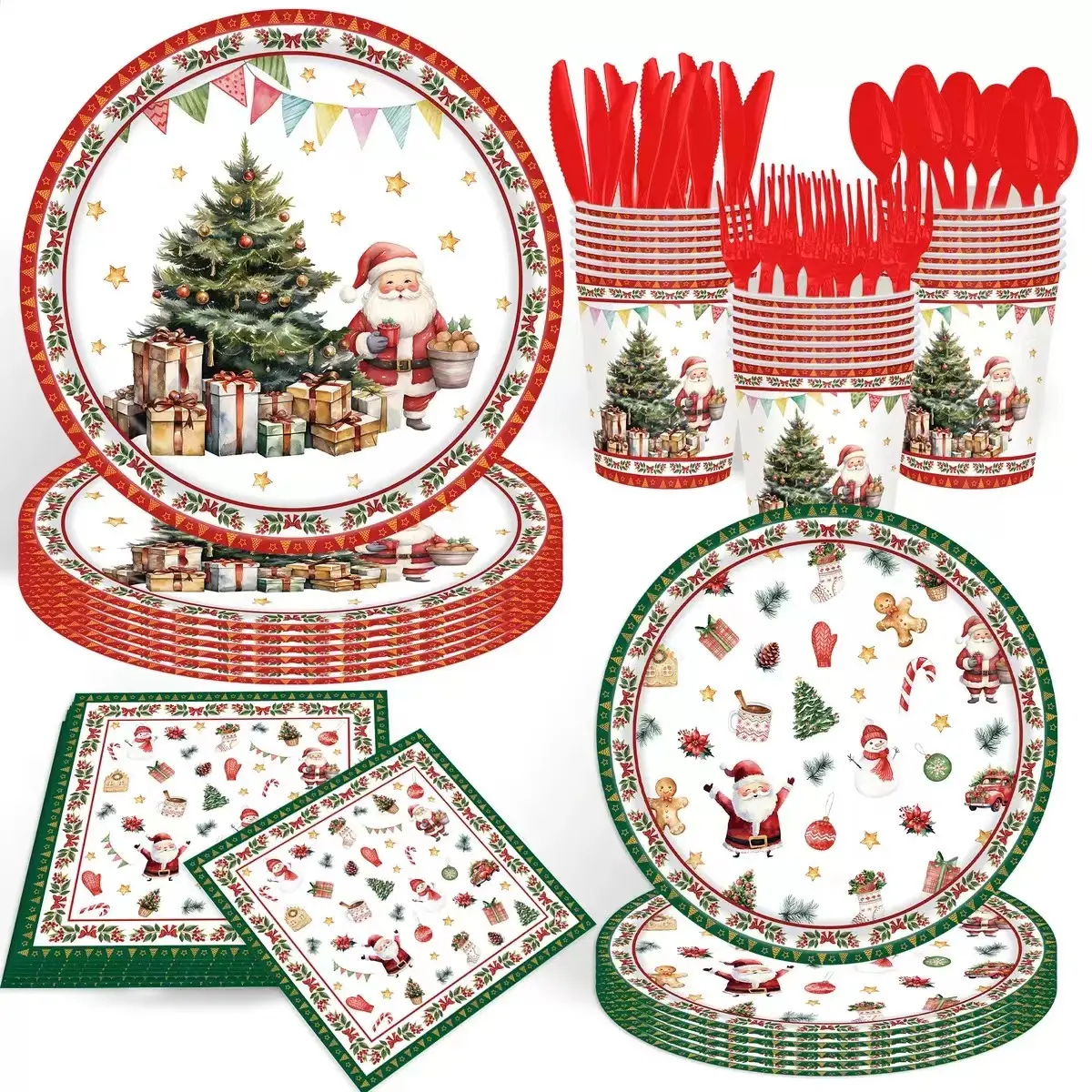 140Pcs, Watercolor Christmas Party Decorations Christmas Paper Plates and Napkins, Christmas Tree Santa Claus Disposable Tableware Set, Serve for 20 Guests