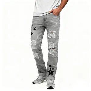 Men's ripped regular fit jeans,Men's Retro Comfort Ripped Embroidered Jeans , Straight Casual American High Street Long Pants Streetwear Stylish