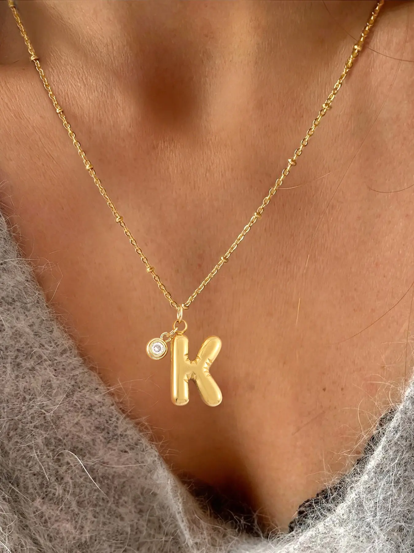 Women's Elegant Bubble Initial Round Zircon Pendant Necklace, Stainless Steel Chain Jewelry for All Seasons