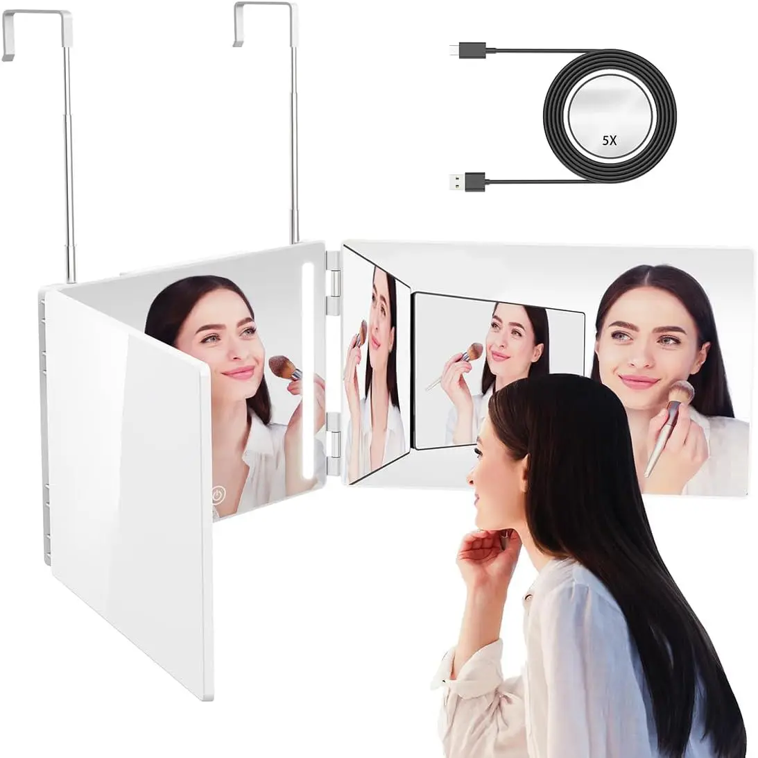 White Rectangle 3-Way Foldable Vanity Bathroom Mirror with Real Glass, Rechargeable LED Lights, USB Charge, 5X Magnifying Option, Telescoping Hooks for Makeup, Shaving, Hair Cutting