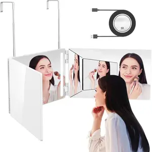Rechargeable LED 3 Way Mirror for Hair Cutting, Real Glass Trifold Mirror LED Light & Telescoping Hooks for Makeup, Shaving & Styling(White)