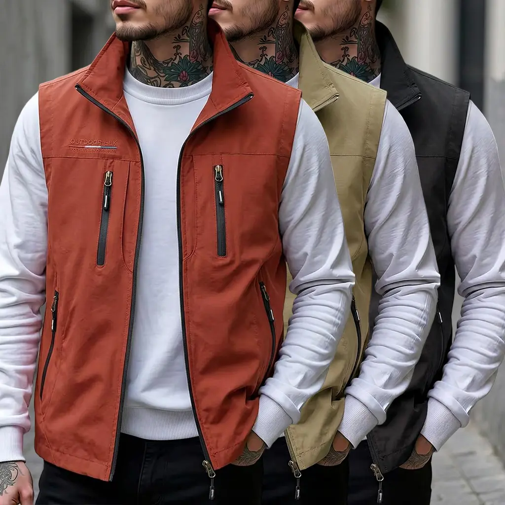 Men's Nylon Work Vest - High-Quality Dopamine-Colored Stand-Collar Zipper Outdoor Tops, Multiple Pockets, American Vintage Casual Style, Medium Cut, Versatile for Fishing, Photography, Spring/Autumn Sleeveless Gilet