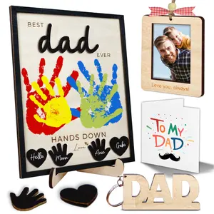 10" Best Dad Ever DIY Handprint Kit with Acrylic Paint Art Craft Family Keepsake Wood Frame Dad Keychain Birthday Father's Day Gift for Daddy Papa Personalized Handprint Art