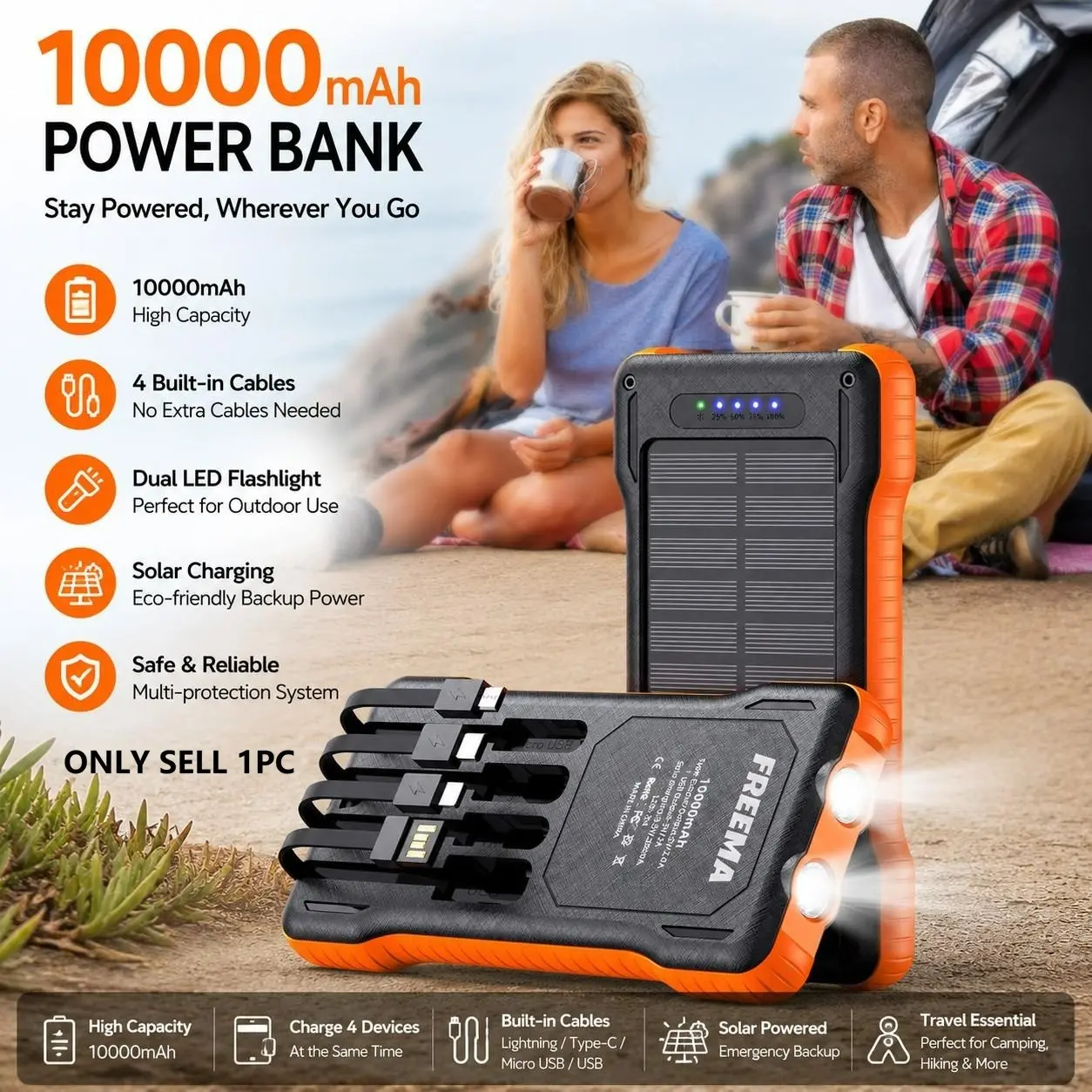 10000mah Solar USB C Power Bank with 4 Charging Cables, Dual LED Flashlight, Portable Mobile Charger for Travel, Outdoor Activities, Compatible with All Devices, Smartphone