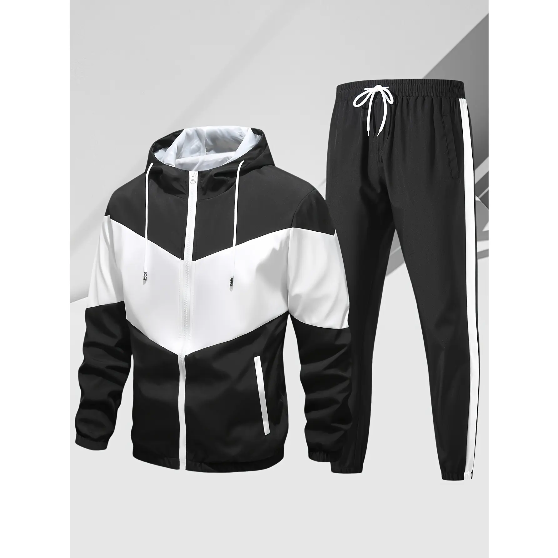 Men's casual two-piece set, stylish contrasting zipper hooded jacket, breathable solid color drawstring pants