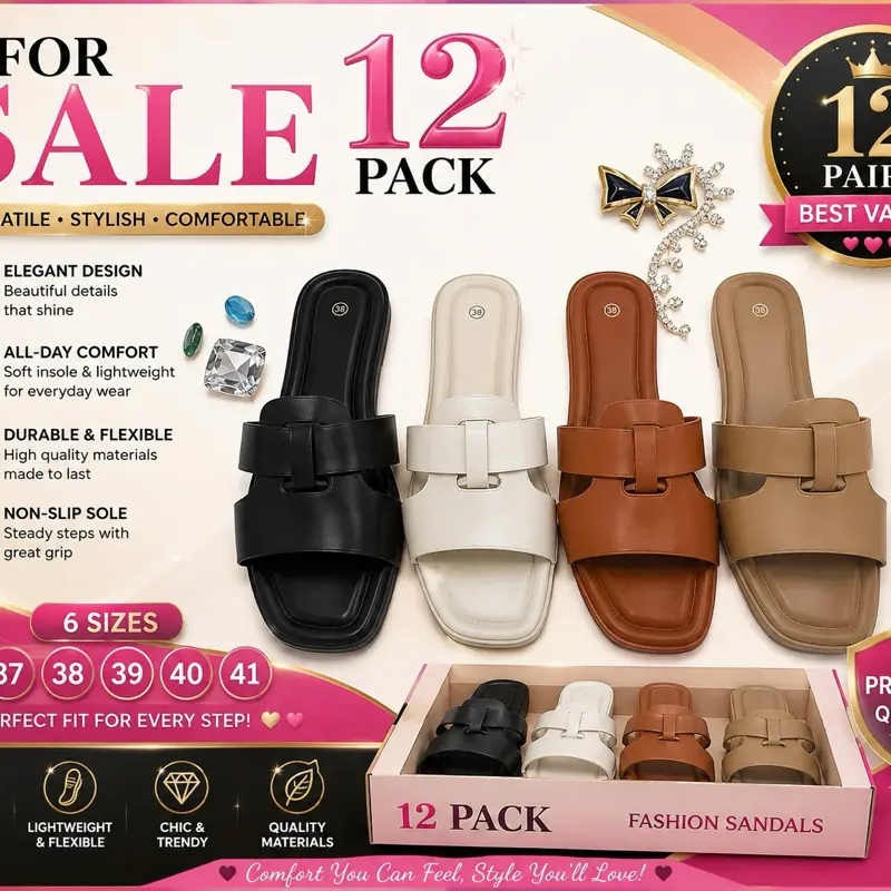 12-Pack Women’s Fashion Slide Sandals – Comfortable Flat Slip-On Sandals, Assorted Colors, Sizes 36–41, Casual Everyday Footwear