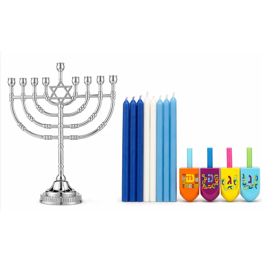 Traditional Hanukkah Candles Hanukkah Bundle Set - Colorful Decorative Candles, Silver Menorah with Elegant Tiered Base, Hebrew Letters, Star, Festival Lights, Indoor Home Decor Centerpiece, Ideal Gathering Gift