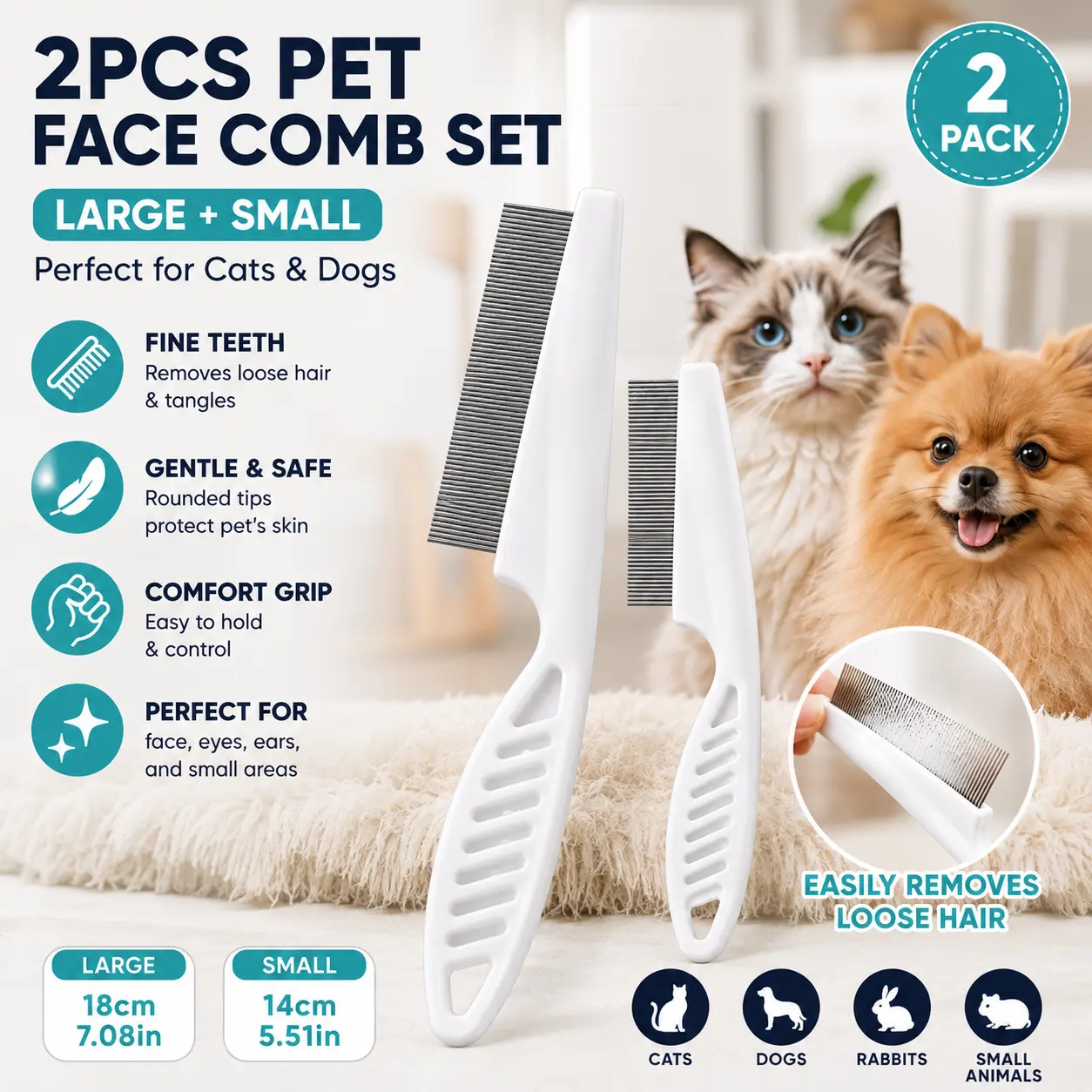 Pet Face Comb Set for Cats & Dogs, Fine Tooth Stainless Steel Grooming Comb, Removes Loose Fur, Flea & Lice Removal Comb, Anti-Shedding, Small & Large Size (2PCS)