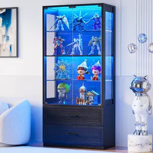 MIIFUNY 70" Display Cabinet with Glass Doors, 4-Tier Curio Cabinet with Removable Glass Shelves, Display Case for Collectibles with 2 Drawers, Black