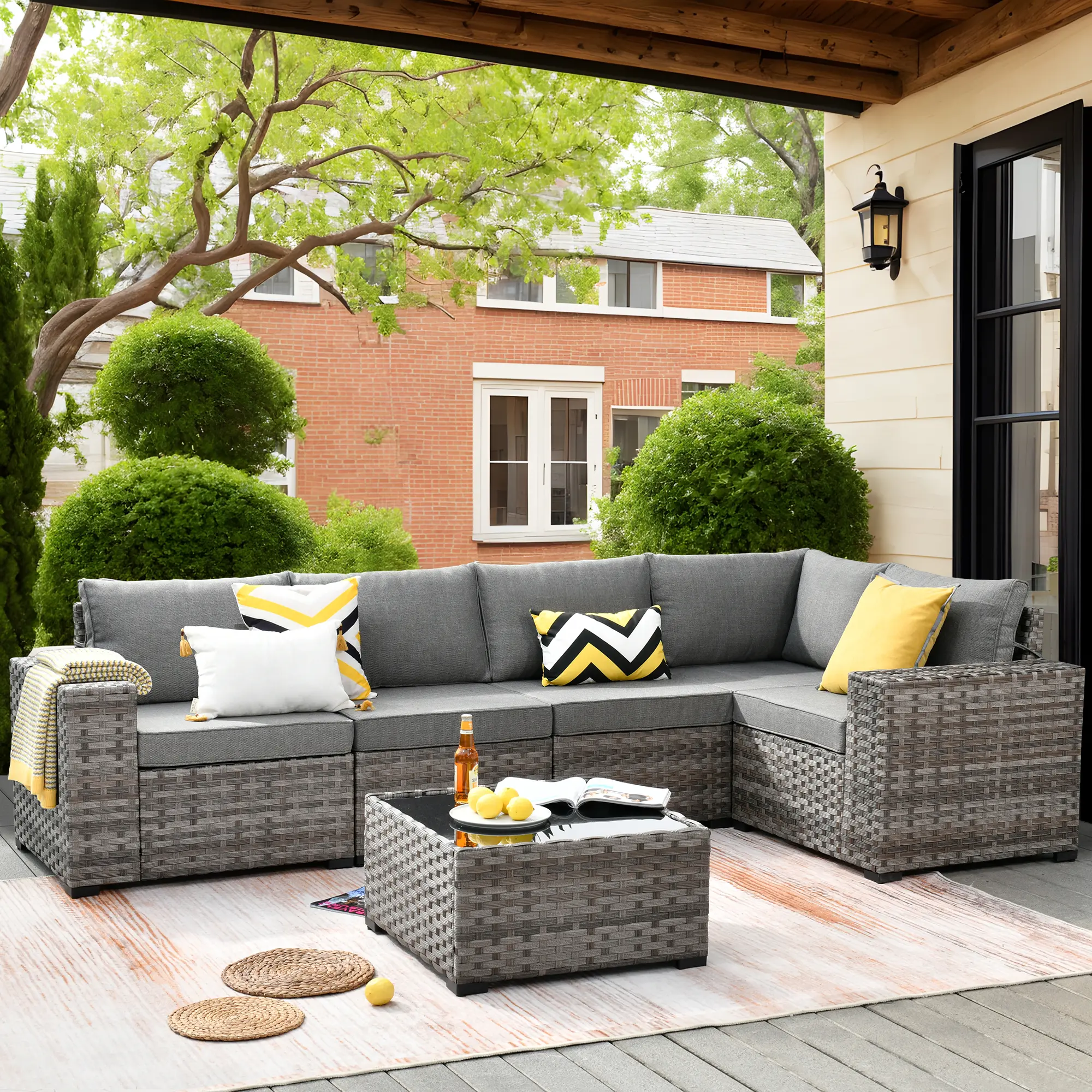 【Summerfinds】Ovios 6-Piece Outdoor Patio Sectional Sofa Set with Deep Seat Cushions, All-Weather Modular Wicker Rattan Conversation Set for Backyard, Patio, Porch, Deck & Garden