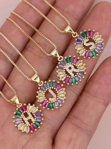 Fashion Colorful Rhinestone Decor Letter Design Pendant Necklace, Hollow Out Round Pendant Necklace for Women, Fashion Jewelry for Clothing Decor, Fashion Jewelry Accessories Letters Necklace, Alphabet Letter Necklace