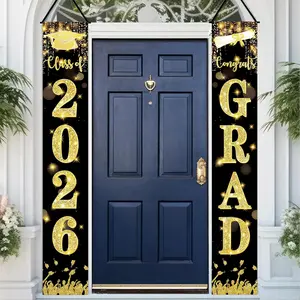 2pcs Gold Graduation Door Banner, Polyester Material, Party Decor, Graduation Party Decorations, Party Decorations Banners, Birthday Celebration, Indoor Outdoor Decoration