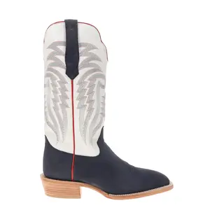 R. Watson Boots Mens Roughout Wide Embroidered Square Toe  Casual Boots Mid Calf - Blue, Blue, White