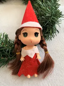 Red Toddler Elf Figurine with Dark Braids, Christmas Elf, Holiday Elves