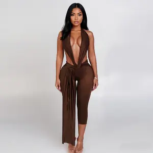 Women Halter Neck Backless Capri Jumpsuits Deep V Neck Sleeveless Bodycon Bodysuit Rompers Shorts Summer Beachwear Party Clubwear  Outfits