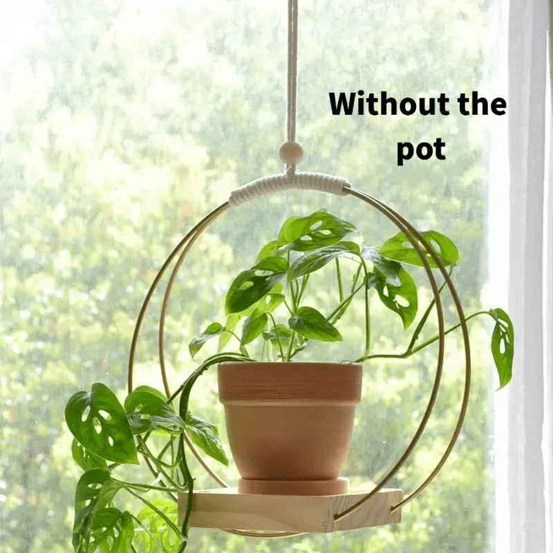 One Piece of Boho-Chic Golden Macrame Wood Indoor Plant Holder - Hanging Planters - a Versatile Decoration for Your Walls Or Windows, Ideal for Enhancing Your Living Room And Bedroom - Wall Plant Stand - Wooden Wall Planters (Pot And Plant Not Included)