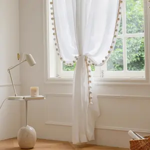 French Cream Wool Ball Decorative Window Curtain, Home Decoration Curtain, New Style Living Room High-End French Cream Wind Sheer Curtains, 1pc Drapes