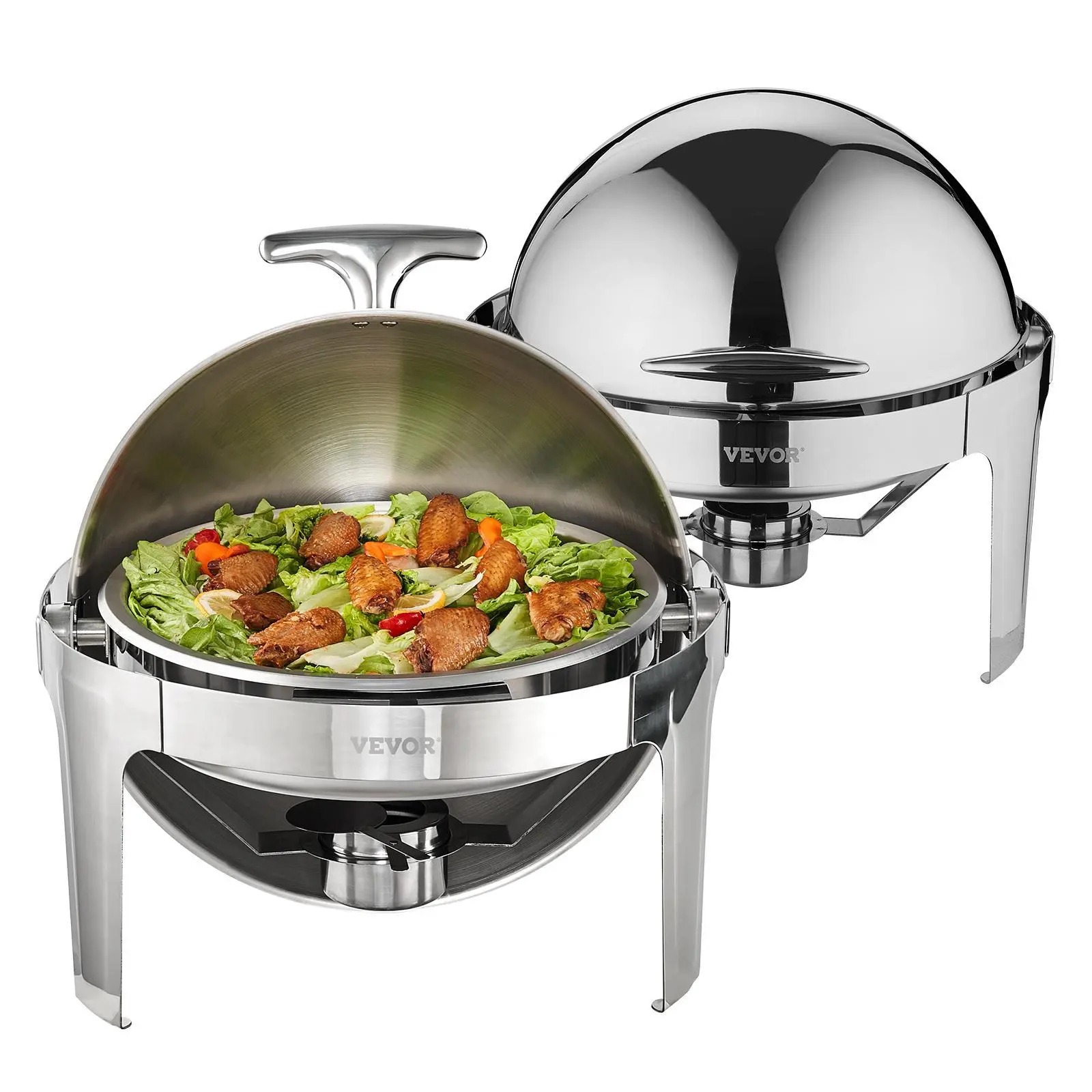 【Summerfinds】VEVOR Round Shape Roll-Top Lid Chafing Dish Buffet Set, 6 Qt 2-Pack Stainless Steel Chafer with 2 Full-Size Pans, Mirror Finish Water Pan Stand Fuel Holder, Classic Catering Warmer Server for Schools, Full Size Pan