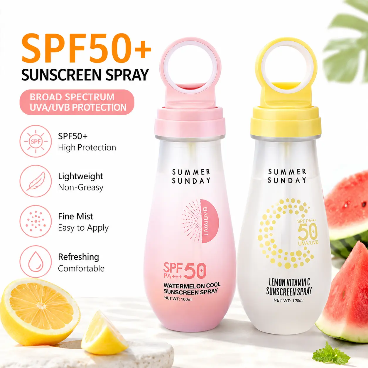 SPF50+ Sunscreen Spray for Face & Body, Lightweight Broad Spectrum UVA/UVB Protection Mist, Fast Absorbing, Non-Greasy, 100ml