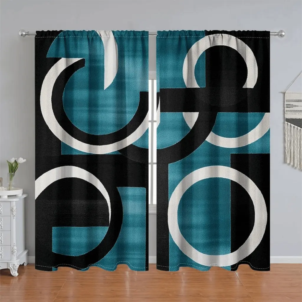 2Pcs Modern Geometric Pattern Curtains, Home Decorative Curtain, Teal and Black Abstract Circle Design, Pole Pocket Style, Semi Sunshade, for Home Living Room, Bedroom, Balcony