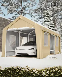 【GARVEE】10'x20' Windproof Carport Heavy Duty, Portable Garage with 4 Roll-Up Doors, 4 Mesh Windows, 180g PE Top Cover, and Reinforced Frames, for Full-Size Sedans, Bass Boats, and SUVs, Khaki