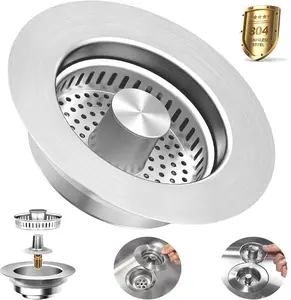 New Upgraded 3-in-1 Kitchen Sink Drain Strainer Stainless Steel Sink Stopper Anti-Clogging Food Catcher Basket for US Standard 3 1/2 inch Drain pop up sink drain stopper