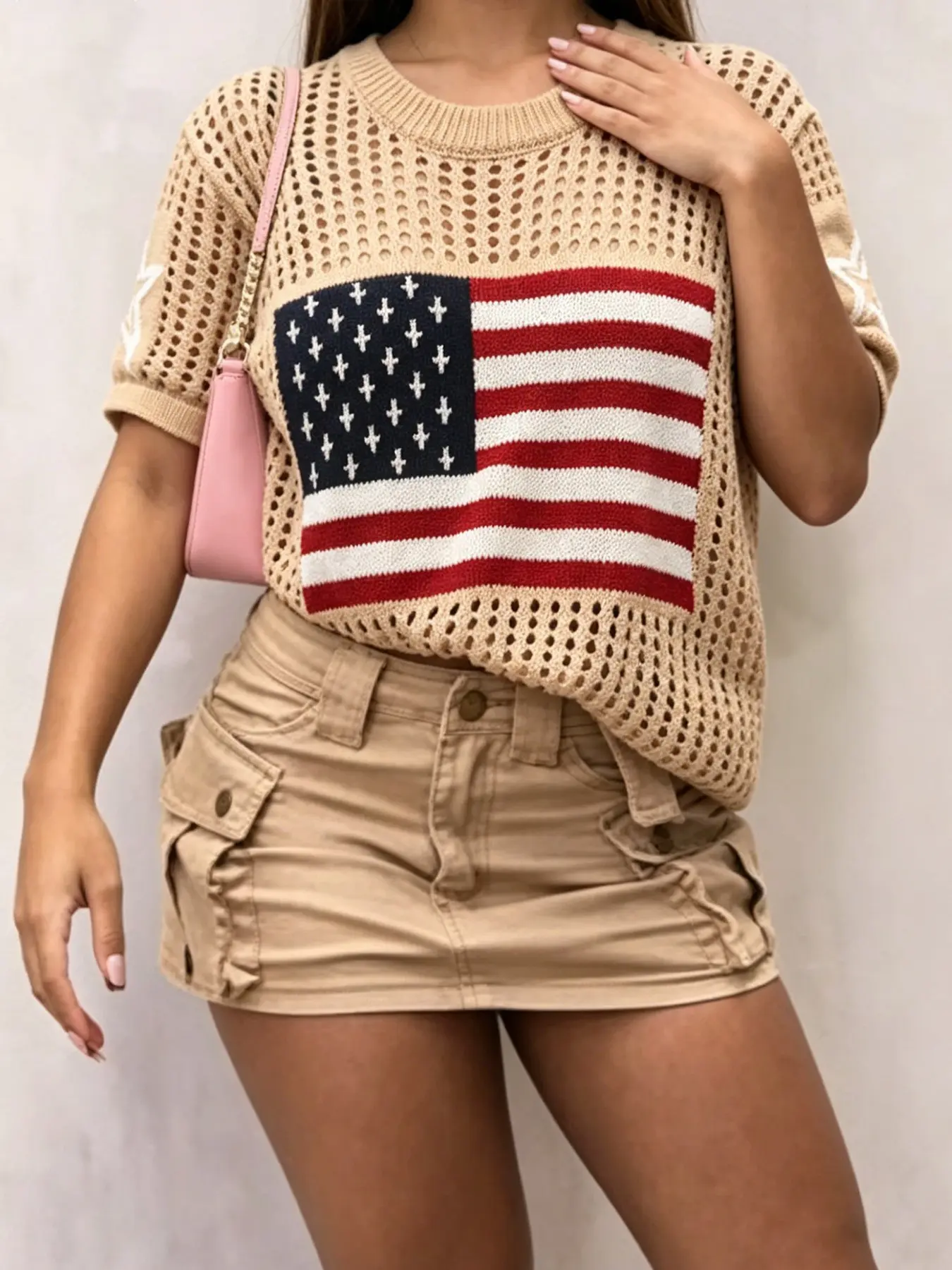 Women's Elegant American Flag Print Hollow Out Knit Top, Knitwear Summer Casual Short Sleeve Round Neck Tee, Loose-Fitting Blouse for Vacation, Knitted Casual Top, Womenswear