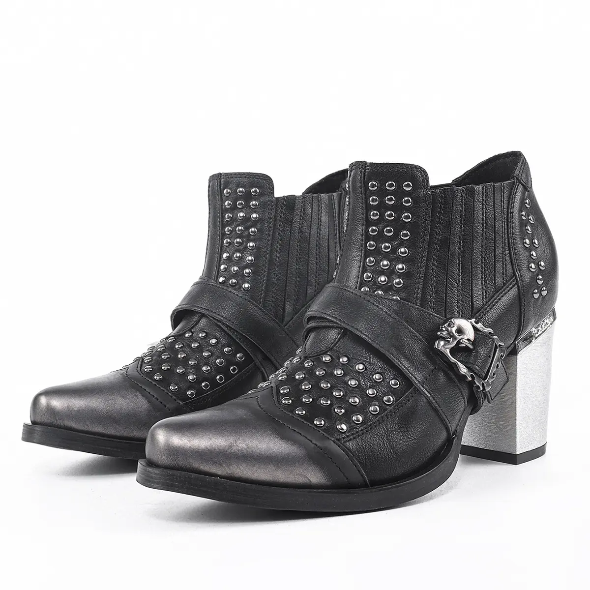 Viral Unisex Studded Ankle Boots | Gothic Moto Block Heel Booties for Men & Women | Black Silver Skull Buckle Grunge Shoes | Punk Rock Outfit