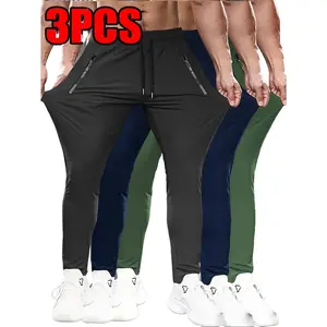 3pcs Men's Quick-Dry Breathable Jogger Pants in Solid Black and Navy Blue, Casual Drawstring Waist Straight-Leg Trousers with Side Pockets for All-Season Outdoor Activities and Leisure Wear |   Drawstring Waistband |   Breathable Fabric