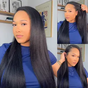 UNice Upgrade Blend Natural V Part Glueless Yaki/Kinky Straight Wig wih Drawstring Beginner Friendly Natural Black for Women