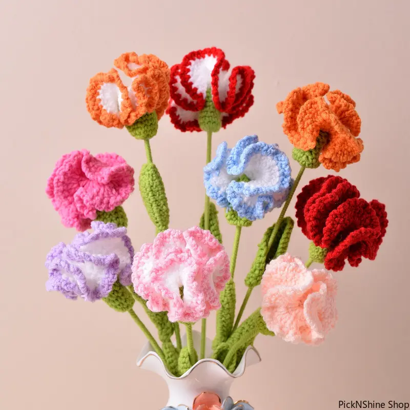 Unisex Basic Fashion Accessory Set - Handmade Crochet Carnation Flower Bouquet, Synthetic Fiber Artificial Floral Ornaments for Mother's Day Home & Table Decor