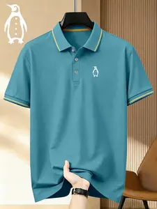 Men's Penguin Logo Print Polo Shirt, Fitted Casual Geometric Pattern, Breathable Stretch Fabric, Comfortable All-Season Wear