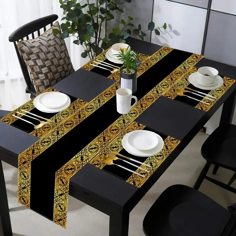 1 piece/5 piece/7 piece set, luxurious black gold checkered table runway and placemat set, linen rectangular placemat, Dining Table Mats, machine washable, suitable for dining, home decoration, gifts, party decoration