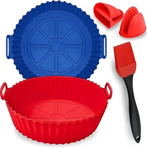 Air Fryer Silicone Liners 7.8 Inch Reusable Heat Resistant Basket Bowl with 2 Silicone Gloves & 1 Oil Brush Easy to Clean Food Grade Air Fryer Accessories Replacement for Flammable Parchment Paper